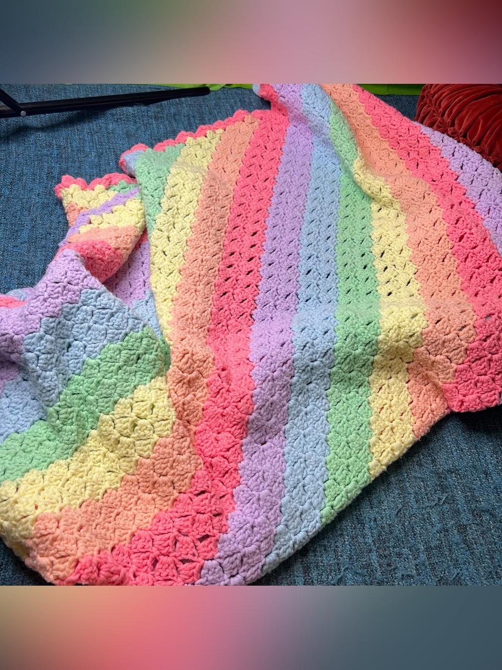 Handmade Crochet Knit Pastel Rainbow Striped Throw Lap Blanket Afghan 52" x 50"